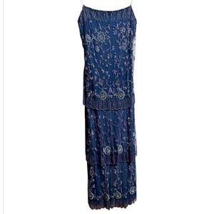 Vintage Stenay Petite Silk Gown Sz 14P Sequin Elegant Blue Beaded Dress
